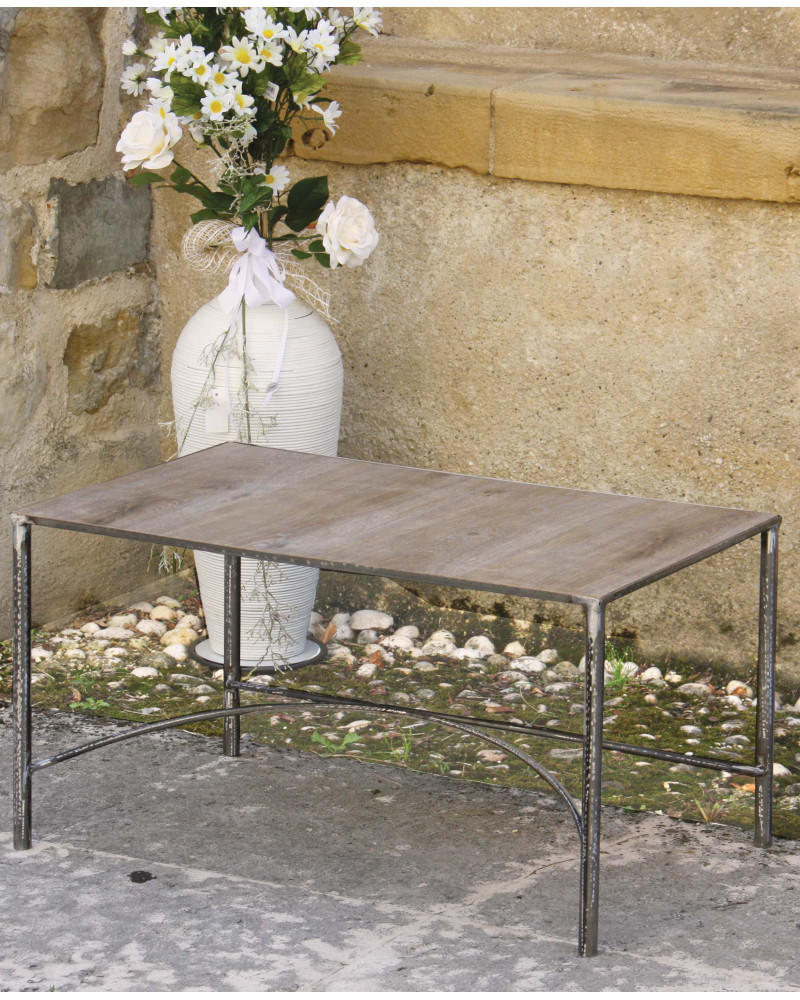 tavolino in ferro battuto rettangolare con ripiano in legno