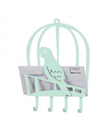 portalettere con portachiavi pappagallo in metallo colore tiffany
