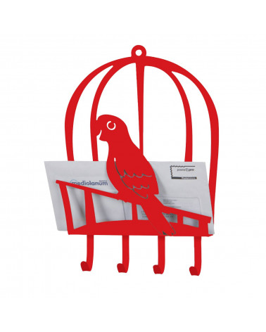 portalettere con portachiavi pappagallo in metallo colore rosso