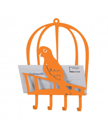 portalettere con portachiavi pappagallo in metallo colore arancio