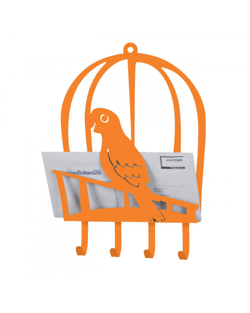 portalettere con portachiavi pappagallo in metallo colore arancio