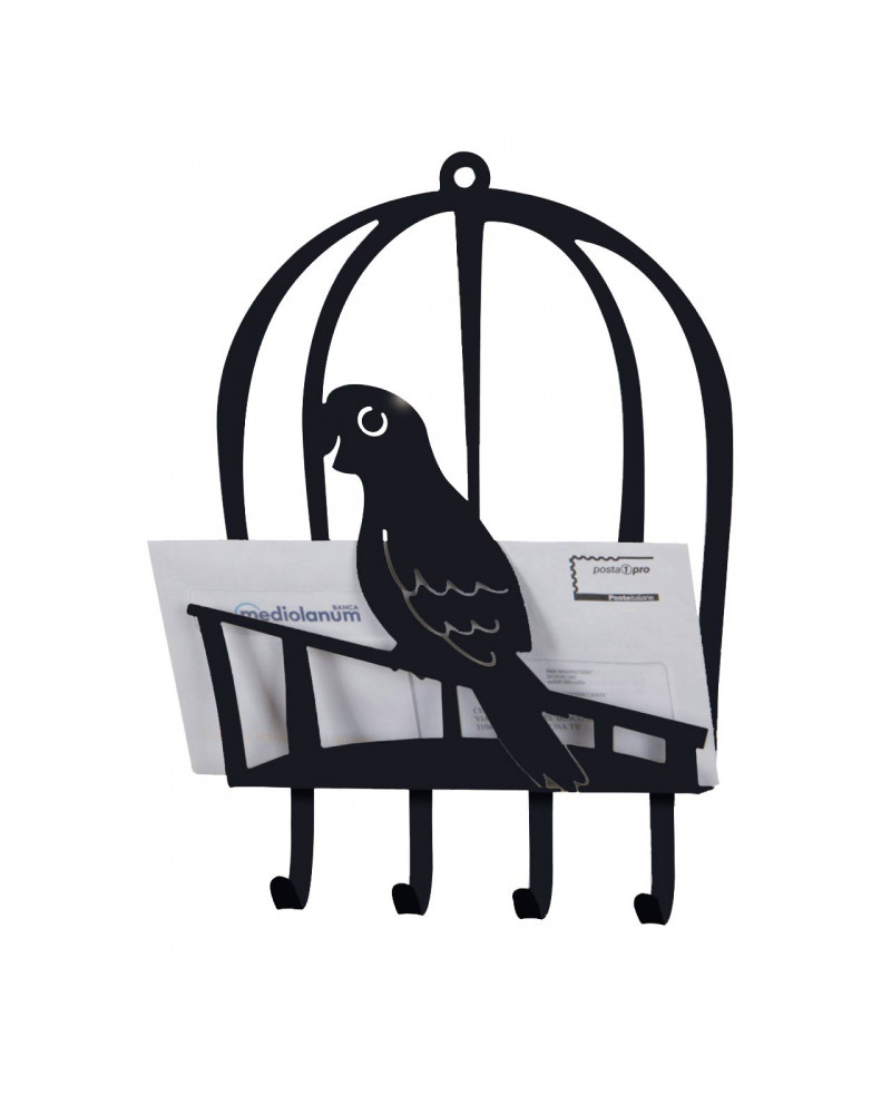 portalettere con portachiavi pappagallo in metallo colore nero
