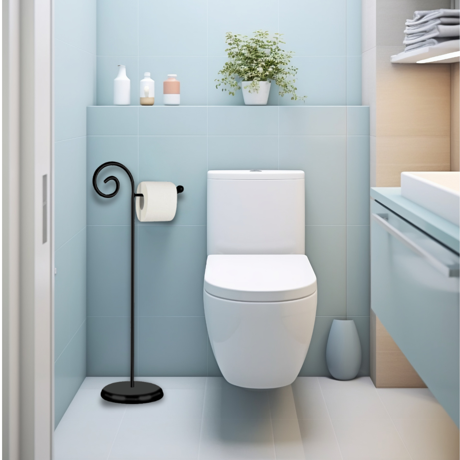 BEXTCOK Porta carta igienica, portaoggetti da bagno con ripiano, porta carta igienica da parete senza forare, adatto per bagni, WC (nero e grigio) | Leroy Merlin