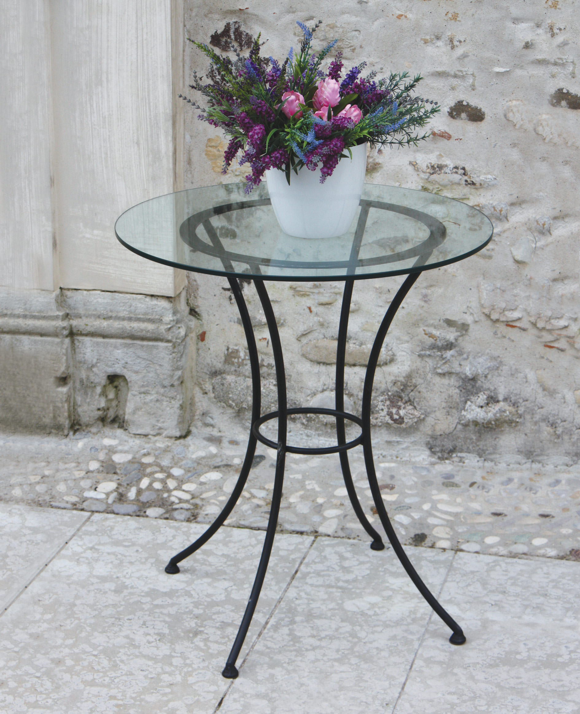 Tavolino in ferro battuto rotondo con cristallo Tavolino in ferro battuto rotondo con cristallo