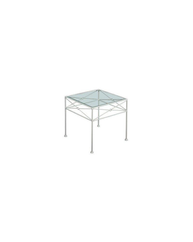 Tavolino in ferro battuto quadrato con cristallo  colore avorio